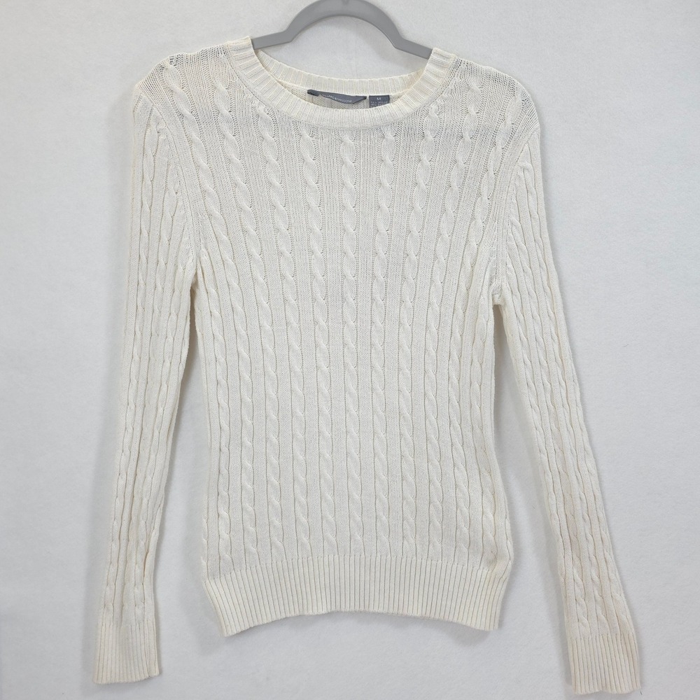 Hillard & Hanson Sweater Cable Knit Cashmere Blend Ivory Women M Preppy Neutral